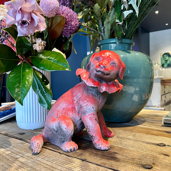 'Ruffle Dog with Red' David Bromley. Cast Bronze Maquette with enamel paint. 30 x 30 x 20 cm