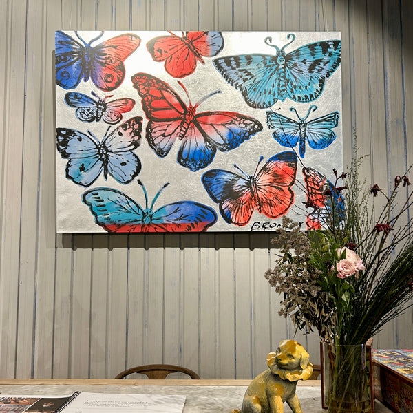 'Butterflies' David Bromley. Acrylic on canvas with silver leaf gilding. 140cm x 200cm.