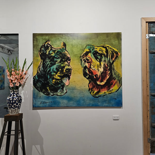 'Dogs'. David Bromley. Acrylic on canvas. 150cm x 180cm.