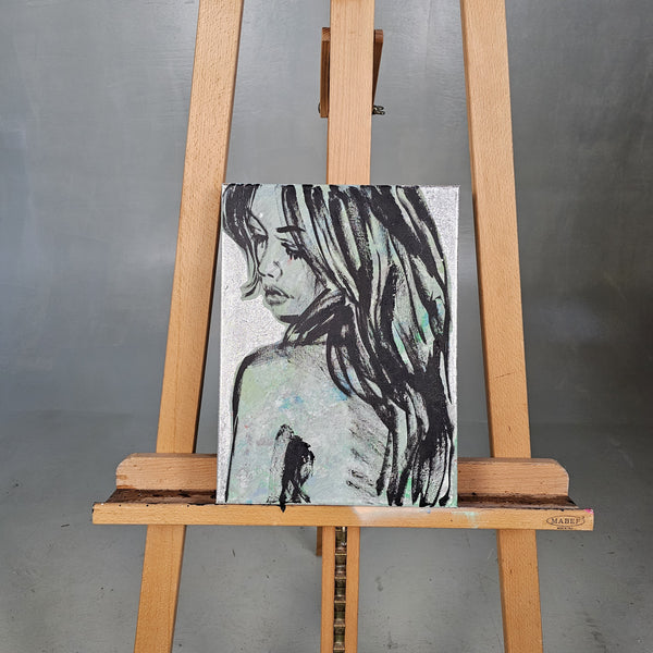 'Jessica III'. David Bromley. Acrylic on canvas with silver leaf gilding. 40cm x 29cm