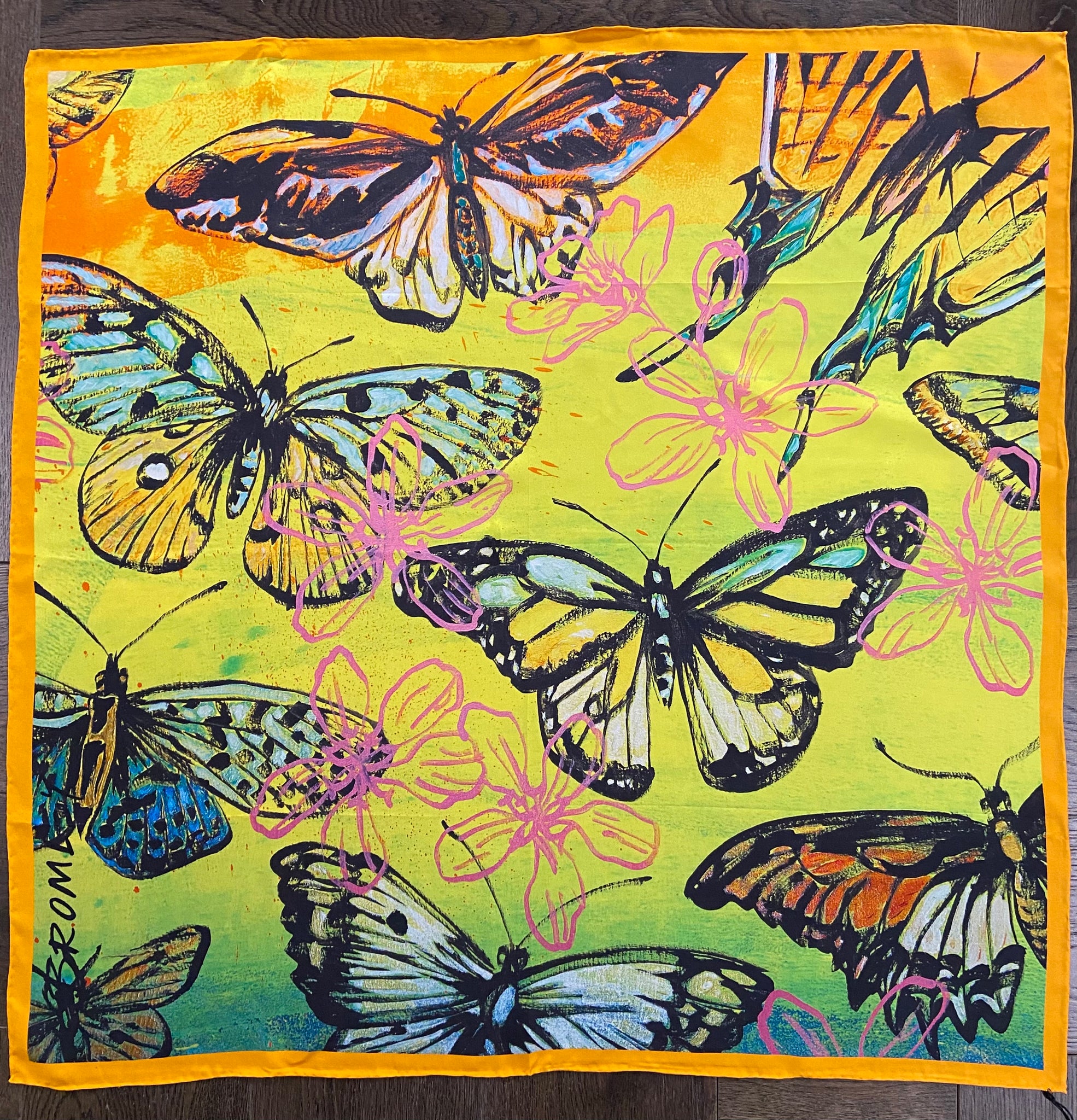 Butterfly Around the World 90 Square Scarf White and Pastel Pink Silk Twill